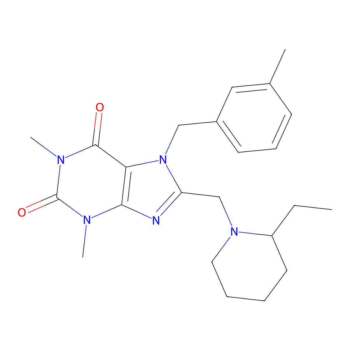 8-[(2-Ethylpiperidin-1-yl)methyl]-1,3-dimethyl-7-[(3-methylphenyl)methyl]purine-2,6-dione molecular structure, CAS 851938-74-4