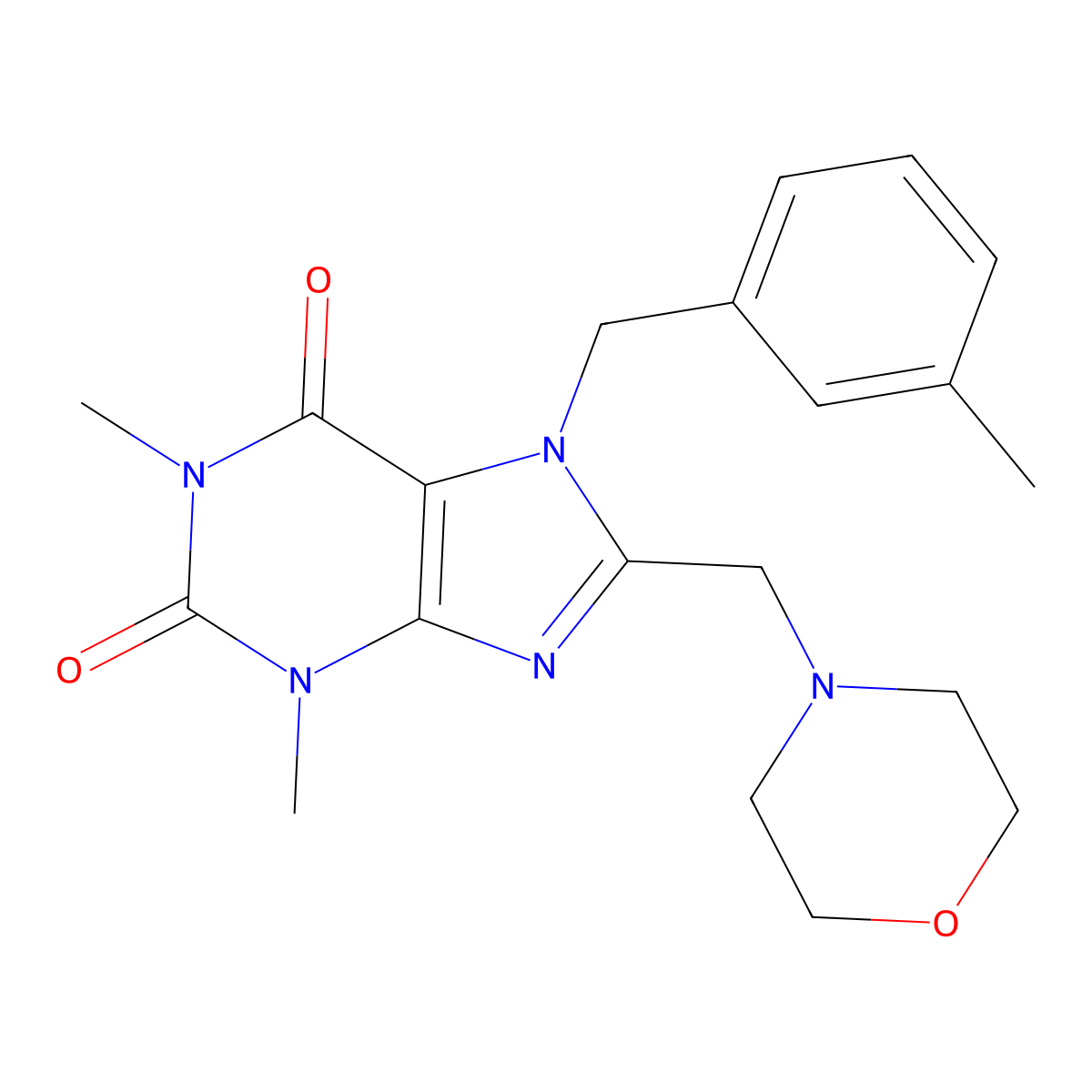 1,3-Dimethyl-7-[(3-methylphenyl)methyl]-8-(morpholin-4-ylmethyl)purine-2,6-dione molecular structure, CAS 851938-76-6