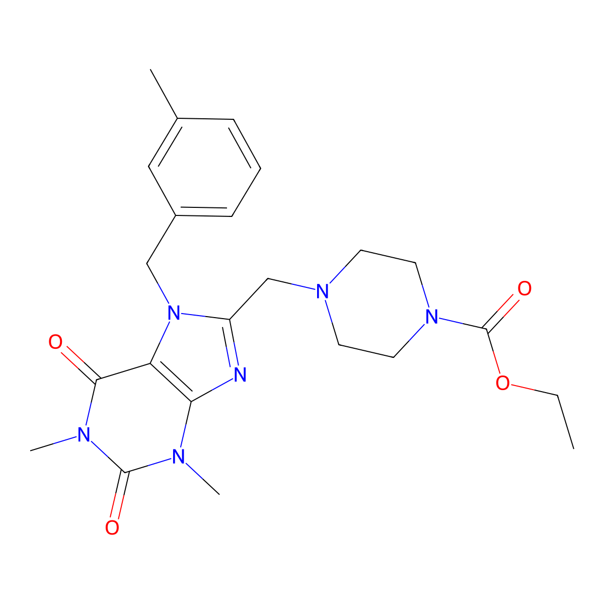 ethyl 4-({1,3-dimethyl-7-[(3-methylphenyl)methyl]-2,6-dioxo-2,3,6,7-tetrahydro-1H-purin-8-yl}methyl)piperazine-1-carboxylate molecular structure, CAS 851938-79-9