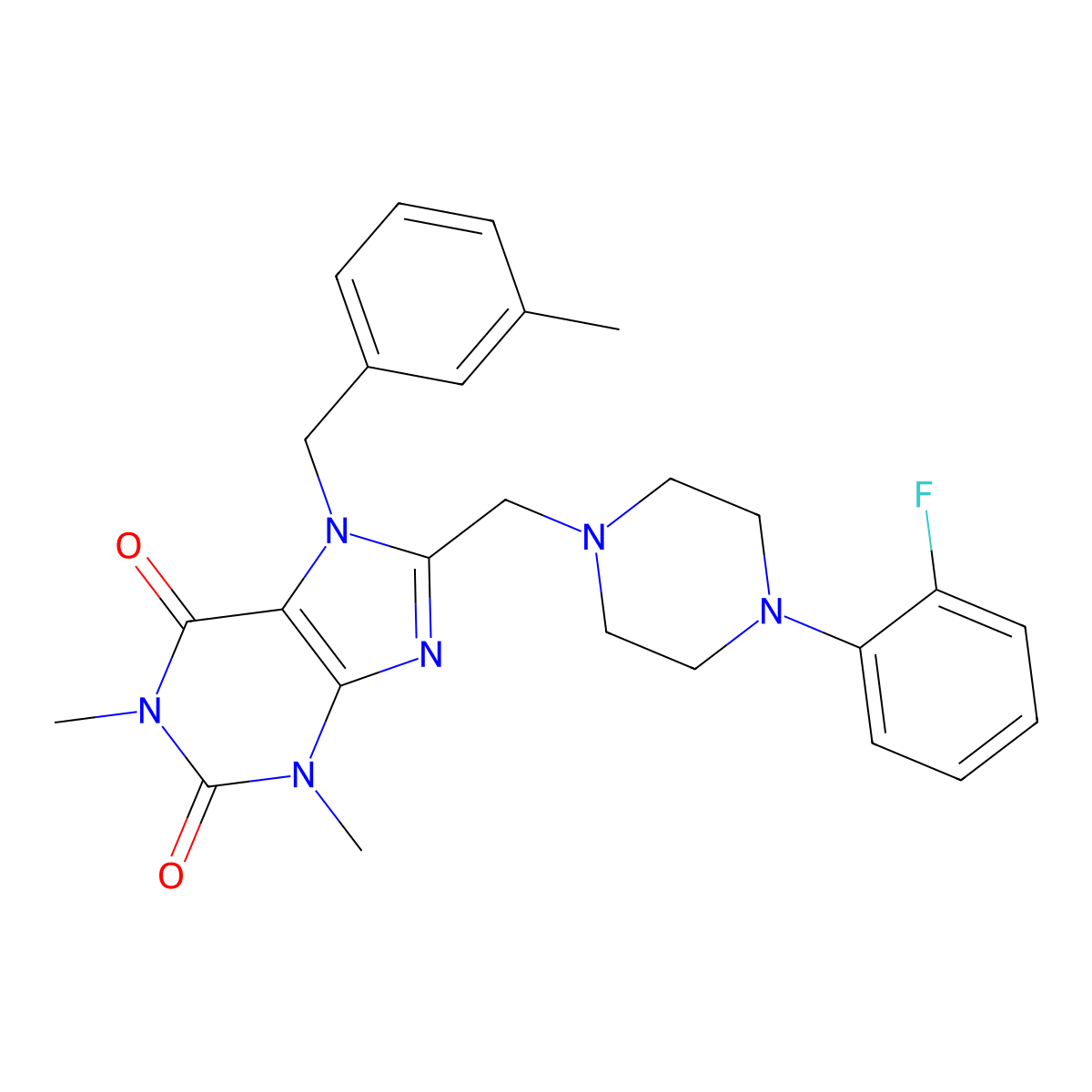 8-[[4-(2-Fluorophenyl)piperazin-1-yl]methyl]-1,3-dimethyl-7-[(3-methylphenyl)methyl]purine-2,6-dione molecular structure, CAS 851938-82-4