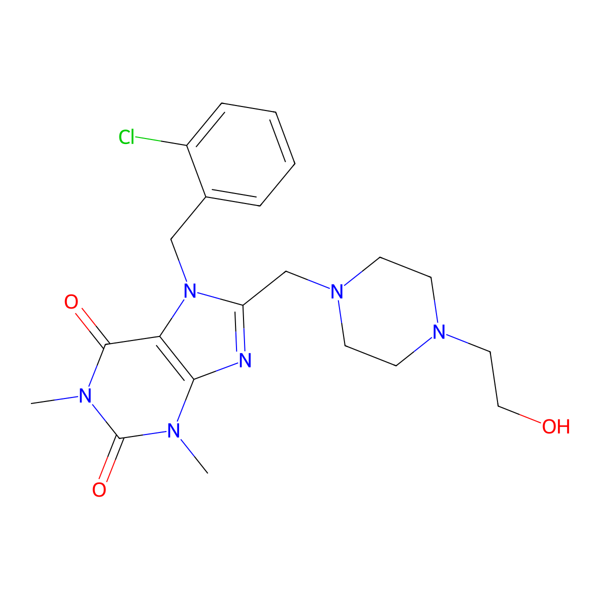 7-(2-chlorobenzyl)-8-((4-(2-hydroxyethyl)piperazin-1-yl)methyl)-1,3-dimethyl-1H-purine-2,6(3H,7H)-dione molecular structure, CAS 851938-94-8