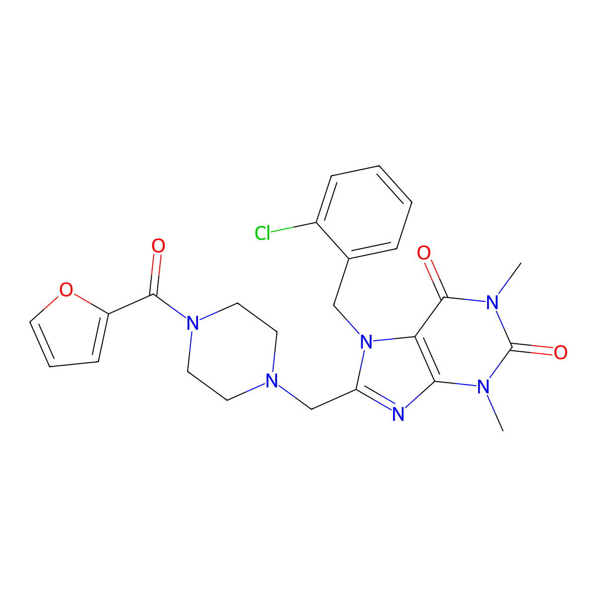 7-[(2-Chlorophenyl)methyl]-8-[[4-(furan-2-carbonyl)piperazin-1-yl]methyl]-1,3-dimethylpurine-2,6-dione molecular structure, CAS 851938-99-3