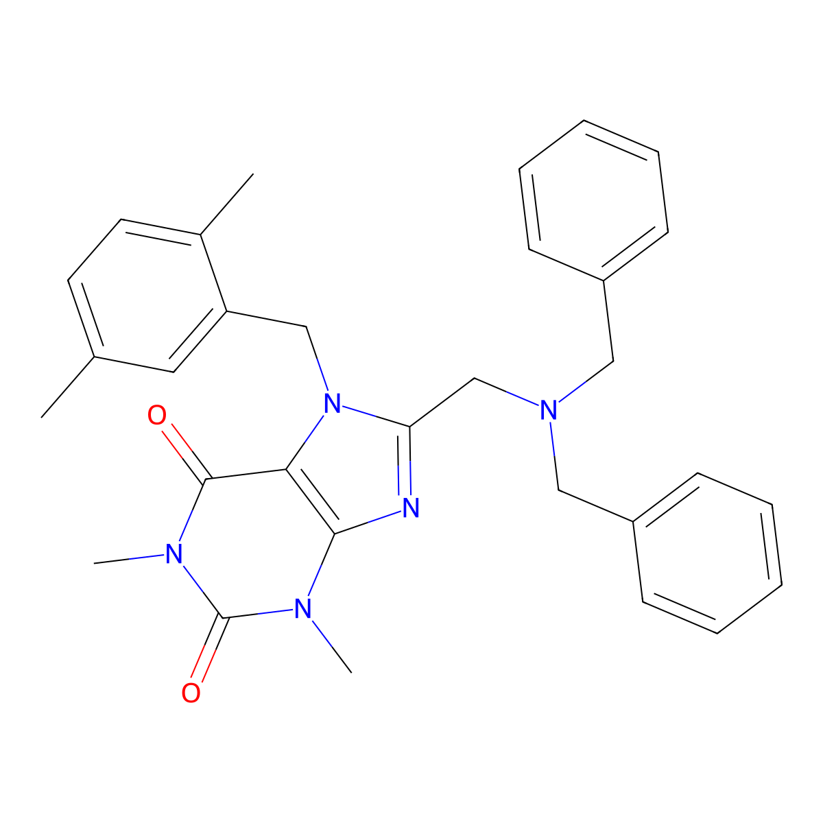 8-[(dibenzylamino)methyl]-7-[(2,5-dimethylphenyl)methyl]-1,3-dimethyl-2,3,6,7-tetrahydro-1H-purine-2,6-dione molecular structure, CAS 851939-02-1