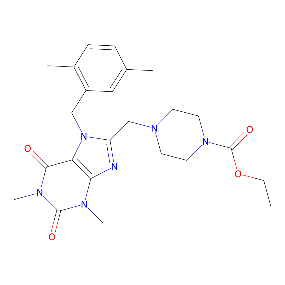 Ethyl 4-[[7-[(2,5-dimethylphenyl)methyl]-1,3-dimethyl-2,6-dioxopurin-8-yl]methyl]piperazine-1-carboxylate molecular structure, CAS 851939-08-7
