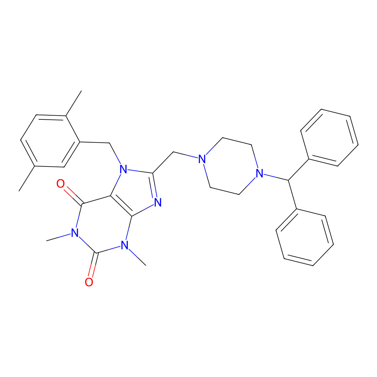 8-((4-benzhydrylpiperazin-1-yl)methyl)-7-(2,5-dimethylbenzyl)-1,3-dimethyl-1H-purine-2,6(3H,7H)-dione molecular structure, CAS 851939-12-3