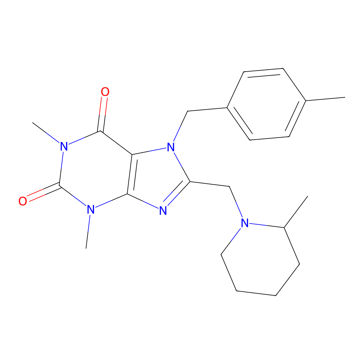 1,3-Dimethyl-7-[(4-methylphenyl)methyl]-8-[(2-methylpiperidin-1-yl)methyl]purine-2,6-dione molecular structure, CAS 851939-16-7