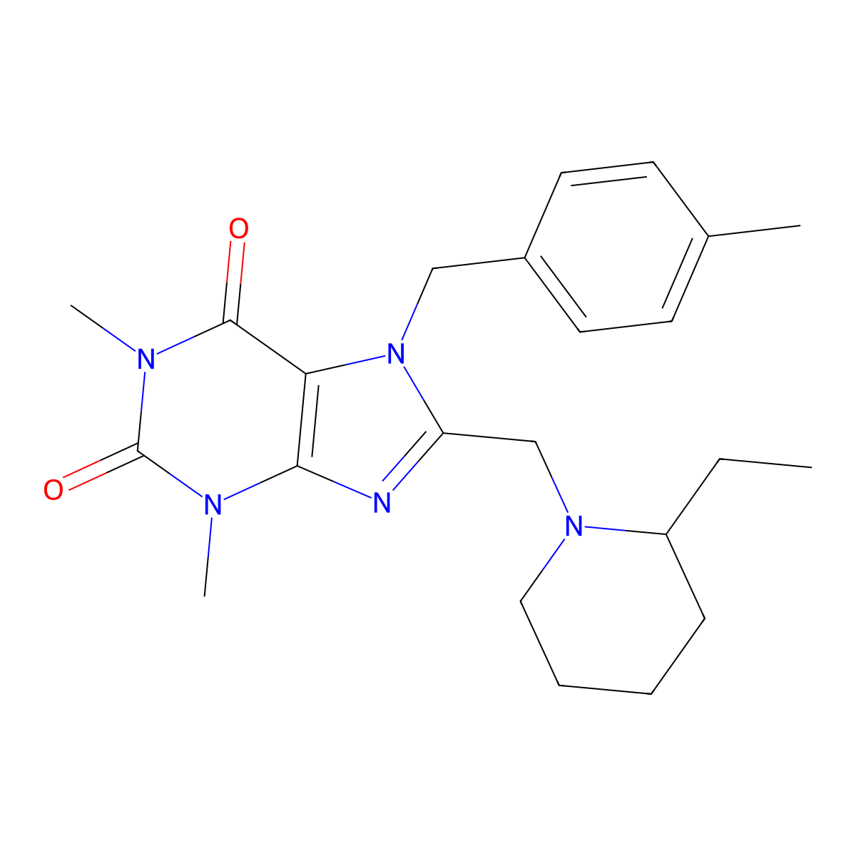 8-[(2-ethylpiperidin-1-yl)methyl]-1,3-dimethyl-7-(4-methylbenzyl)-3,7-dihydro-1H-purine-2,6-dione molecular structure, CAS 851939-19-0