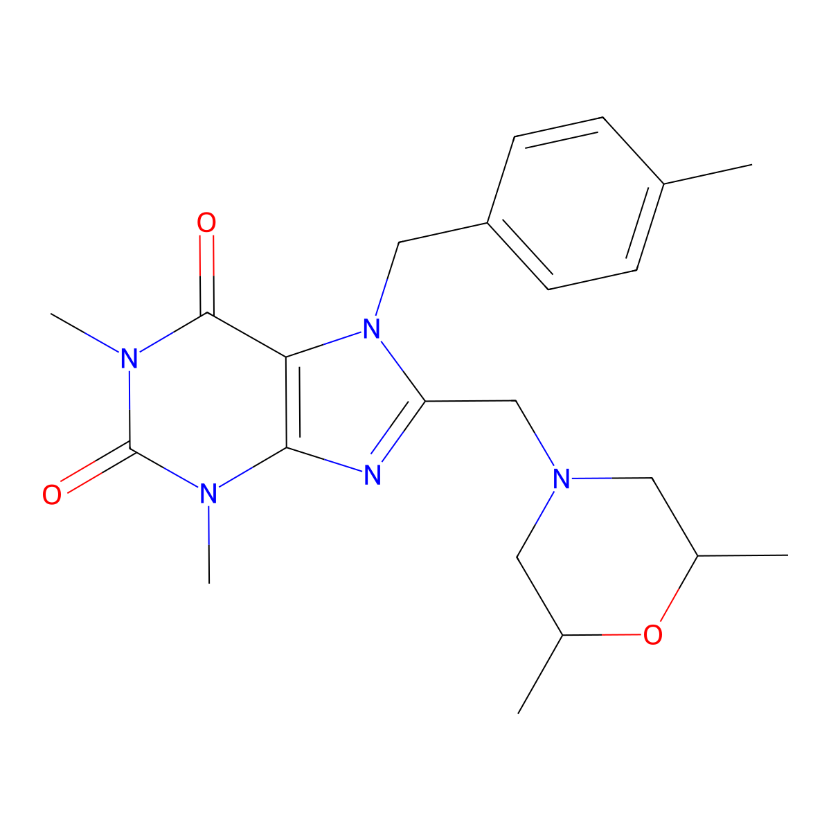 8-[(2,6-Dimethylmorpholin-4-yl)methyl]-1,3-dimethyl-7-[(4-methylphenyl)methyl]purine-2,6-dione molecular structure, CAS 851939-21-4