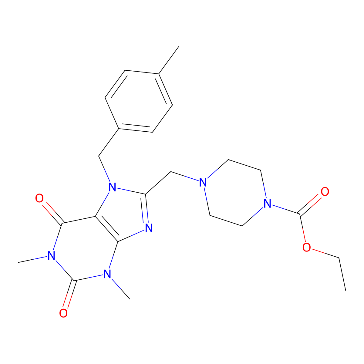 Ethyl 4-[[1,3-dimethyl-7-[(4-methylphenyl)methyl]-2,6-dioxopurin-8-yl]methyl]piperazine-1-carboxylate molecular structure, CAS 851939-25-8