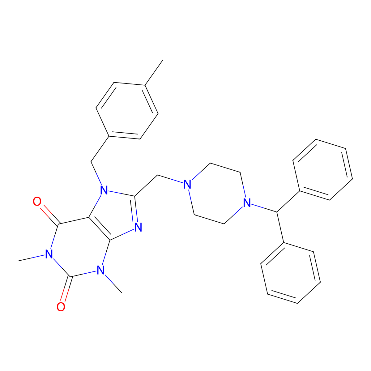 8-{[4-(diphenylmethyl)piperazin-1-yl]methyl}-1,3-dimethyl-7-[(4-methylphenyl)methyl]-2,3,6,7-tetrahydro-1H-purine-2,6-dione molecular structure, CAS 851939-31-6