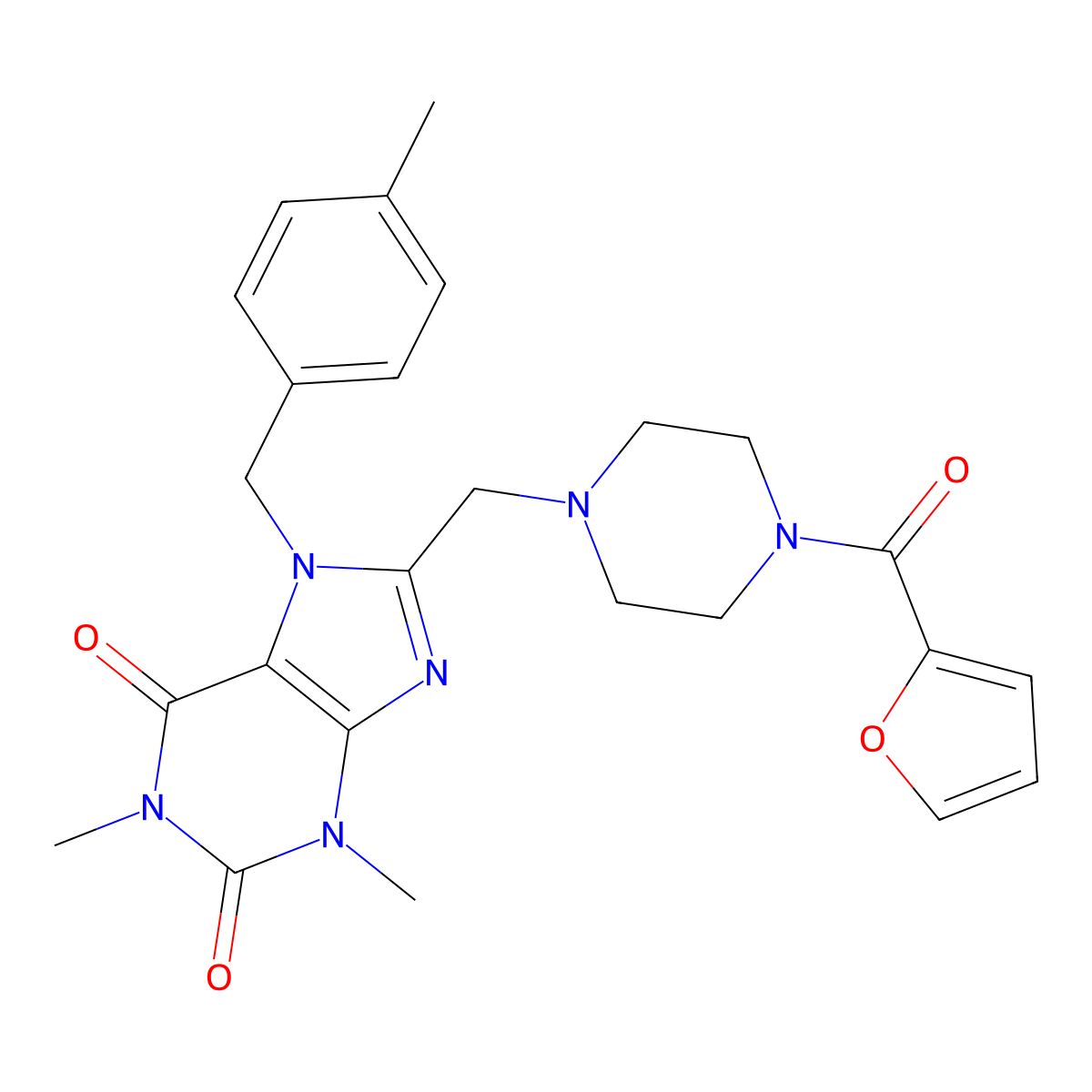 8-{[4-(furan-2-carbonyl)piperazin-1-yl]methyl}-1,3-dimethyl-7-[(4-methylphenyl)methyl]-2,3,6,7-tetrahydro-1H-purine-2,6-dione molecular structure, CAS 851939-32-7
