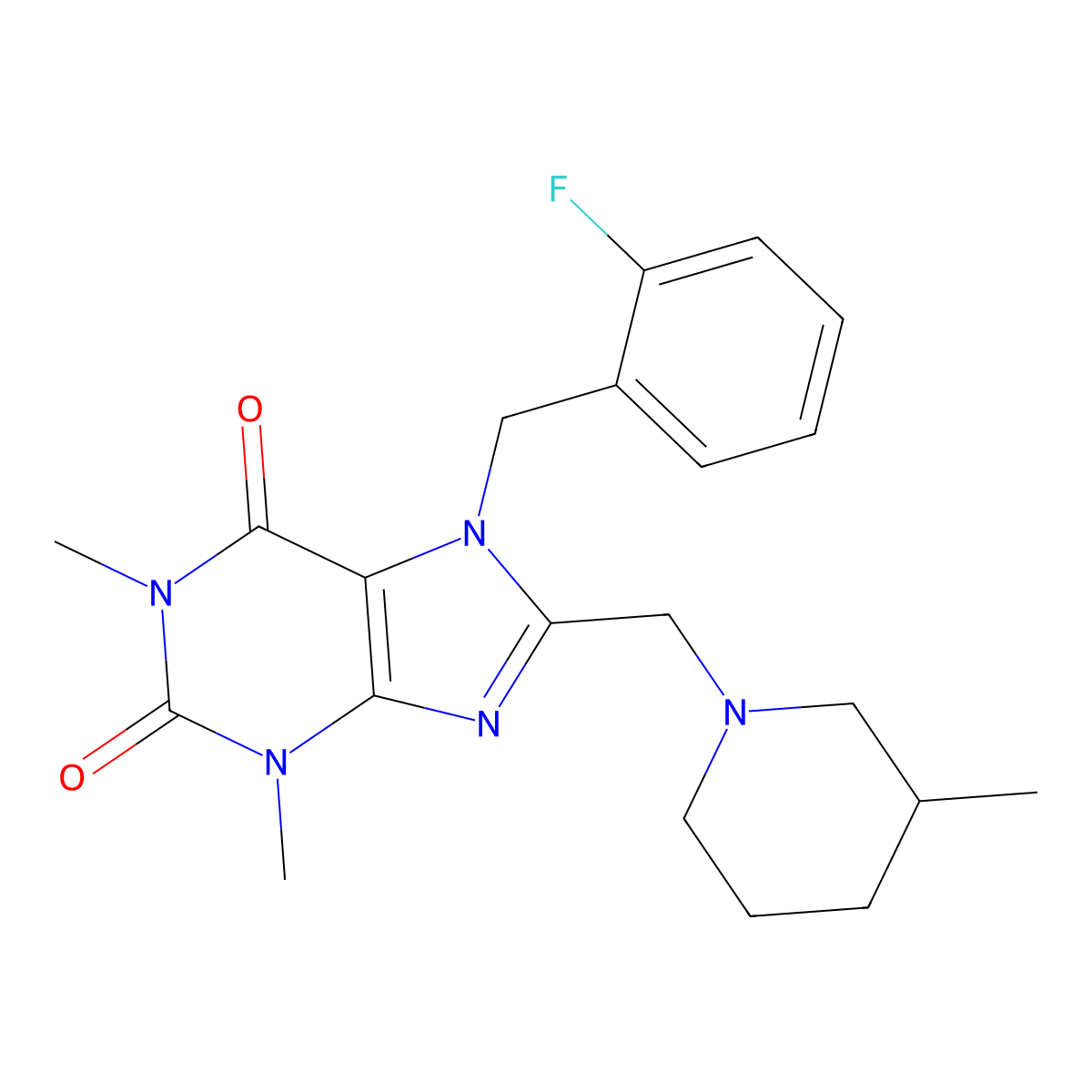 7-[(2-Fluorophenyl)methyl]-1,3-dimethyl-8-[(3-methylpiperidin-1-yl)methyl]purine-2,6-dione molecular structure, CAS 851939-36-1
