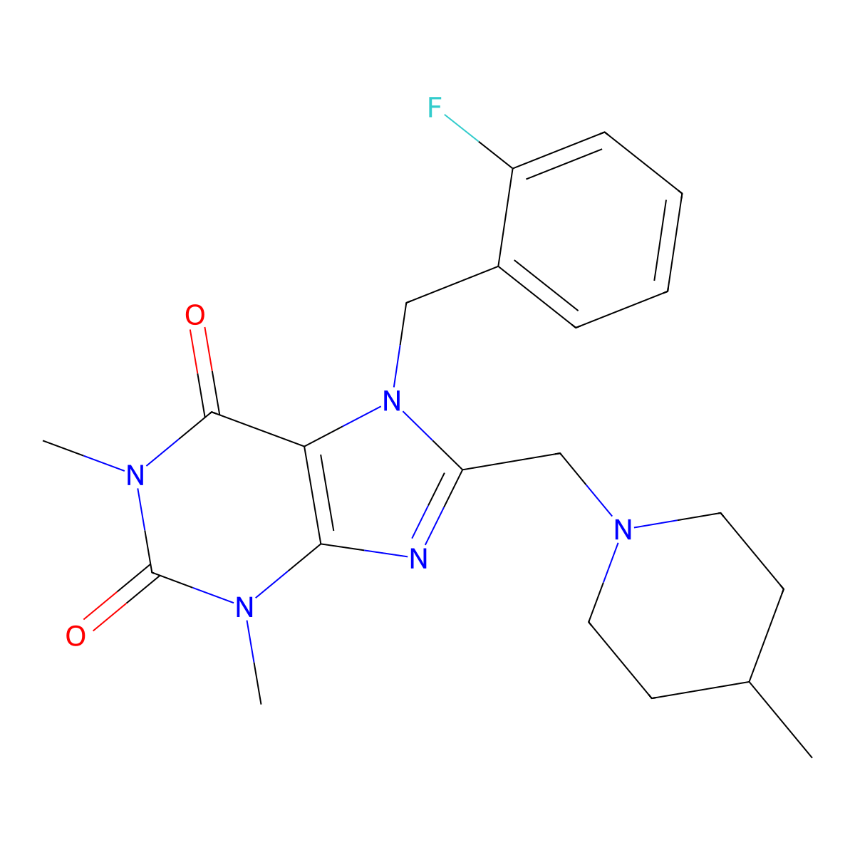 7-(2-fluorobenzyl)-1,3-dimethyl-8-[(4-methylpiperidin-1-yl)methyl]-3,7-dihydro-1H-purine-2,6-dione molecular structure, CAS 851939-37-2