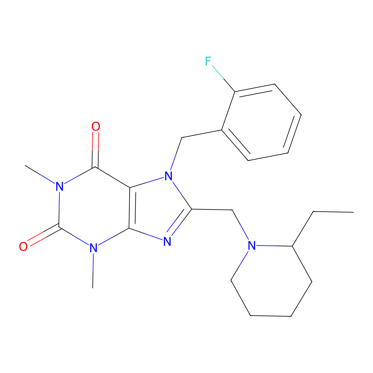 8-[(2-Ethylpiperidin-1-yl)methyl]-7-[(2-fluorophenyl)methyl]-1,3-dimethylpurine-2,6-dione molecular structure, CAS 851939-38-3