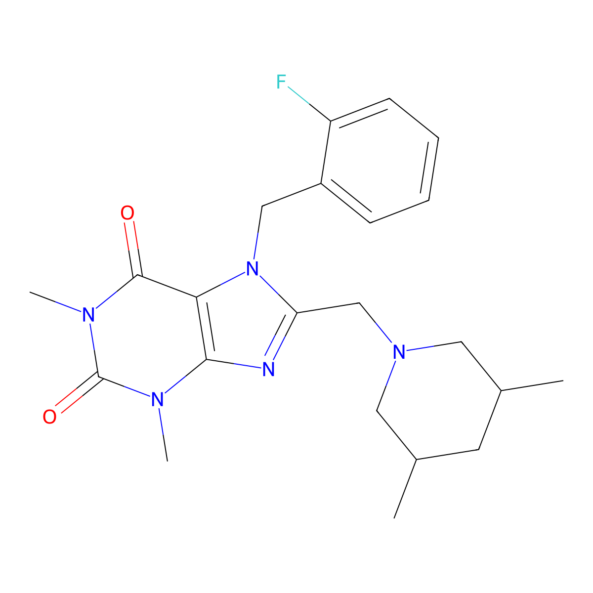 8-[(3,5-Dimethylpiperidin-1-yl)methyl]-7-[(2-fluorophenyl)methyl]-1,3-dimethylpurine-2,6-dione molecular structure, CAS 851939-40-7
