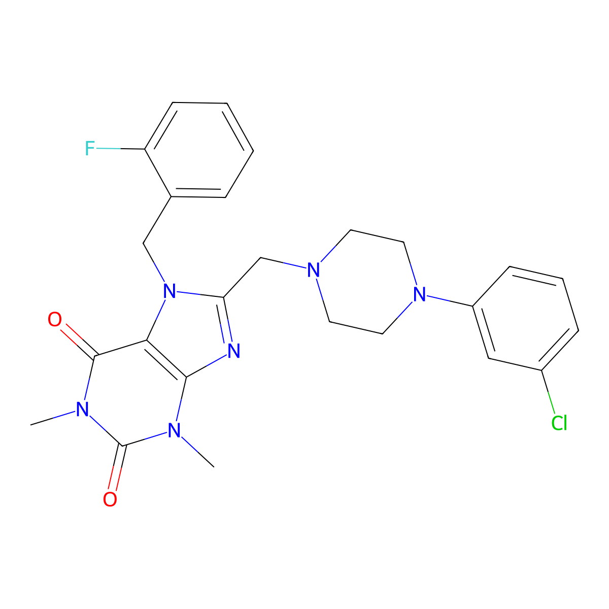 8-[[4-(3-Chlorophenyl)piperazin-1-yl]methyl]-7-[(2-fluorophenyl)methyl]-1,3-dimethylpurine-2,6-dione molecular structure, CAS 851939-46-3