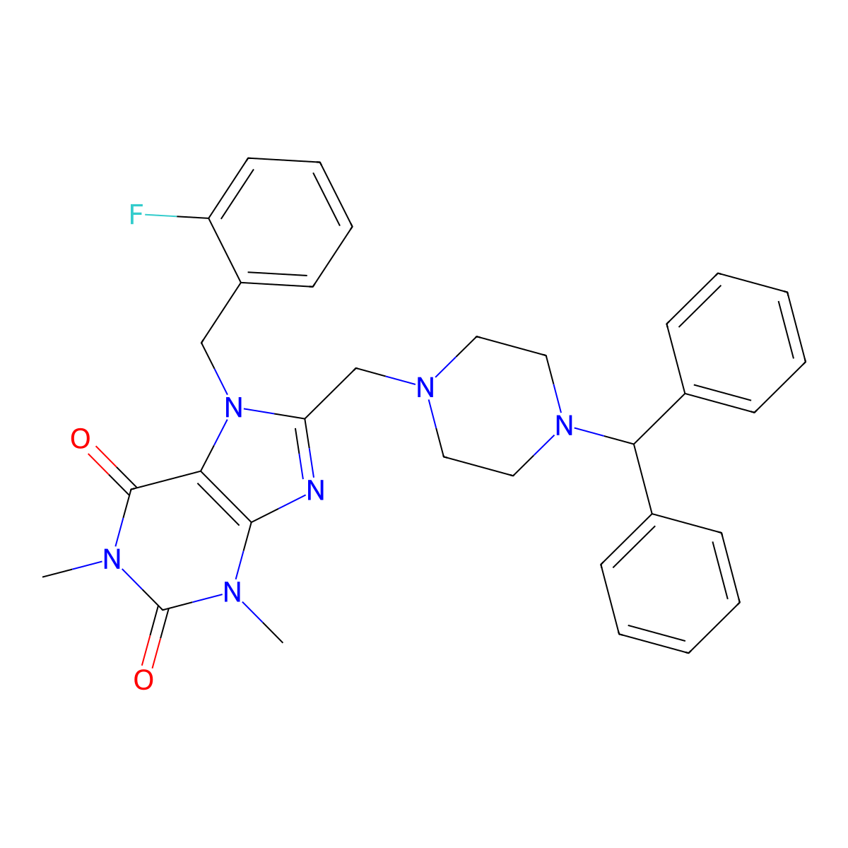 8-{[4-(diphenylmethyl)piperazin-1-yl]methyl}-7-[(2-fluorophenyl)methyl]-1,3-dimethyl-2,3,6,7-tetrahydro-1H-purine-2,6-dione molecular structure, CAS 851939-50-9