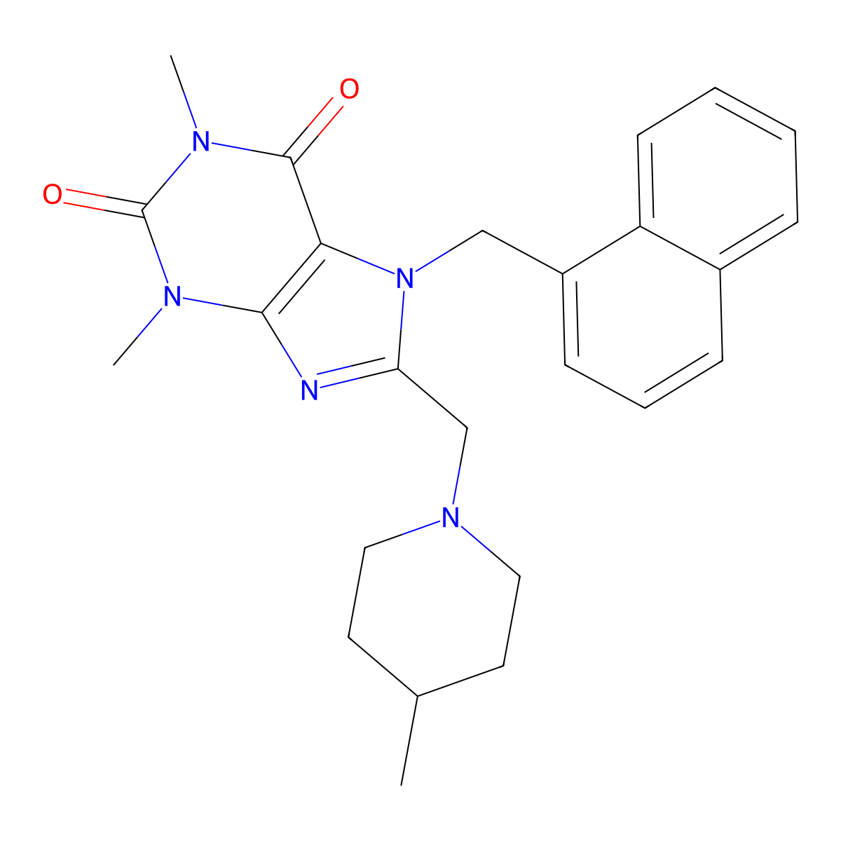 1,3-dimethyl-8-((4-methylpiperidin-1-yl)methyl)-7-(naphthalen-1-ylmethyl)-1H-purine-2,6(3H,7H)-dione molecular structure, CAS 851939-80-5