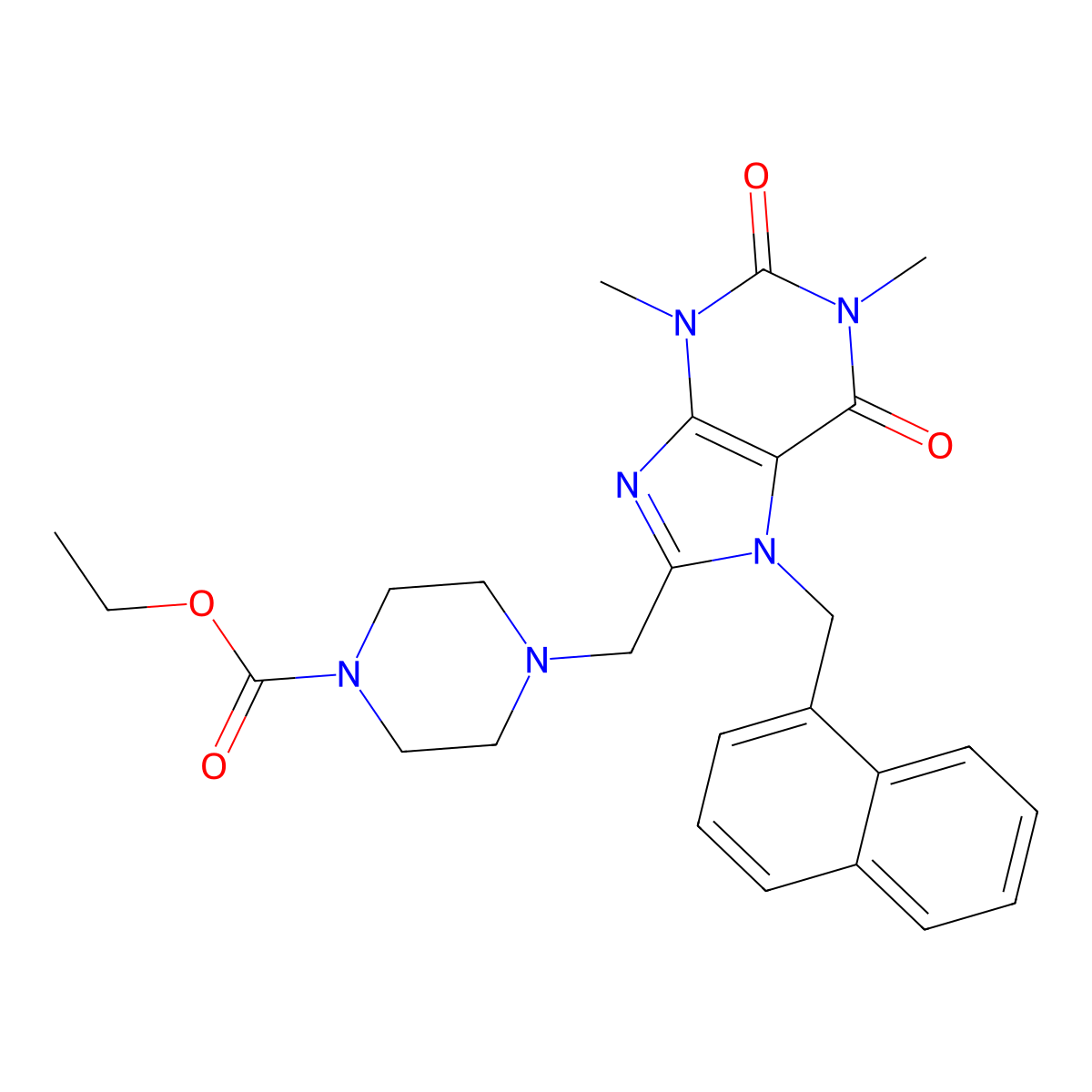 ethyl 4-((1,3-dimethyl-7-(naphthalen-1-ylmethyl)-2,6-dioxo-2,3,6,7-tetrahydro-1H-purin-8-yl)methyl)piperazine-1-carboxylate molecular structure, CAS 851939-88-3