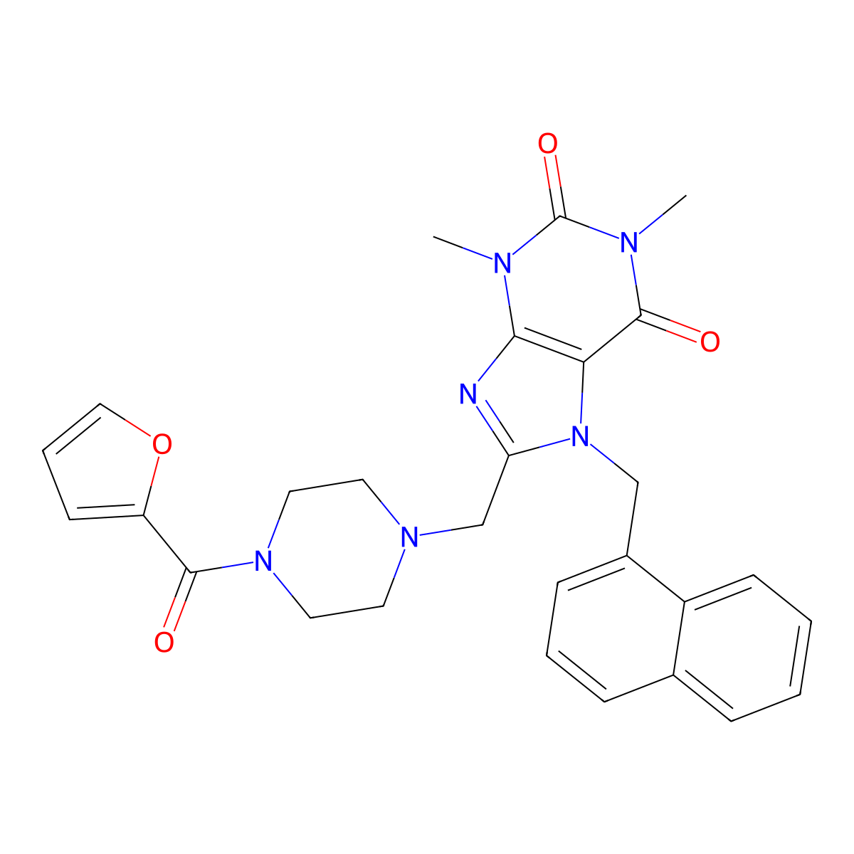 8-[[4-(Furan-2-carbonyl)piperazin-1-yl]methyl]-1,3-dimethyl-7-(naphthalen-1-ylmethyl)purine-2,6-dione molecular structure, CAS 851939-93-0