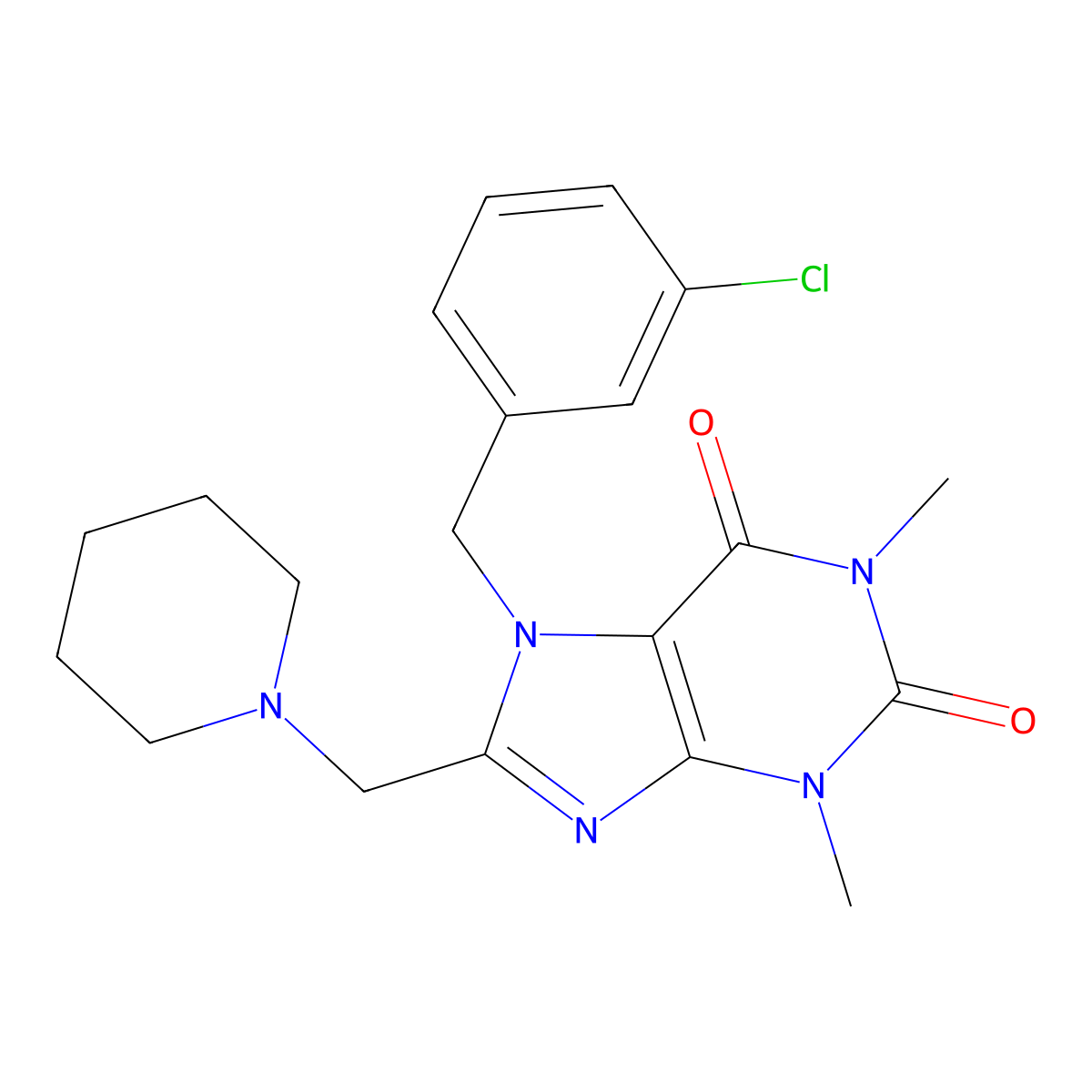 7-(3-chlorobenzyl)-1,3-dimethyl-8-(piperidin-1-ylmethyl)-3,7-dihydro-1H-purine-2,6-dione molecular structure, CAS 851939-96-3