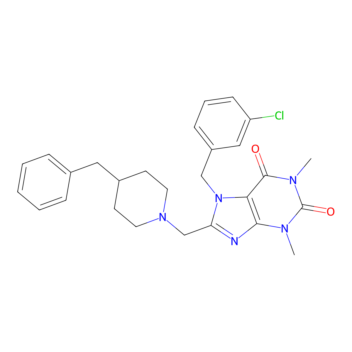 8-[(4-Benzylpiperidin-1-yl)methyl]-7-[(3-chlorophenyl)methyl]-1,3-dimethylpurine-2,6-dione molecular structure, CAS 851940-00-6