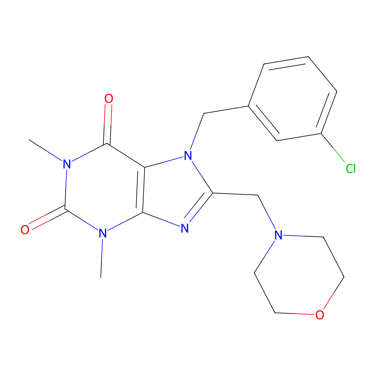 7-(3-chlorobenzyl)-1,3-dimethyl-8-(morpholin-4-ylmethyl)-3,7-dihydro-1H-purine-2,6-dione molecular structure, CAS 851940-02-8