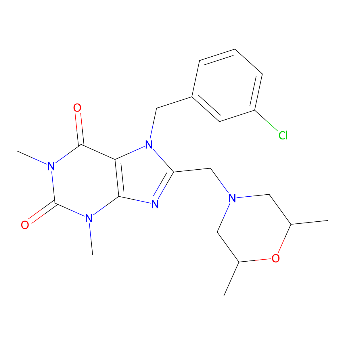 7-[(3-Chlorophenyl)methyl]-8-[(2,6-dimethylmorpholin-4-yl)methyl]-1,3-dimethylpurine-2,6-dione molecular structure, CAS 851940-03-9