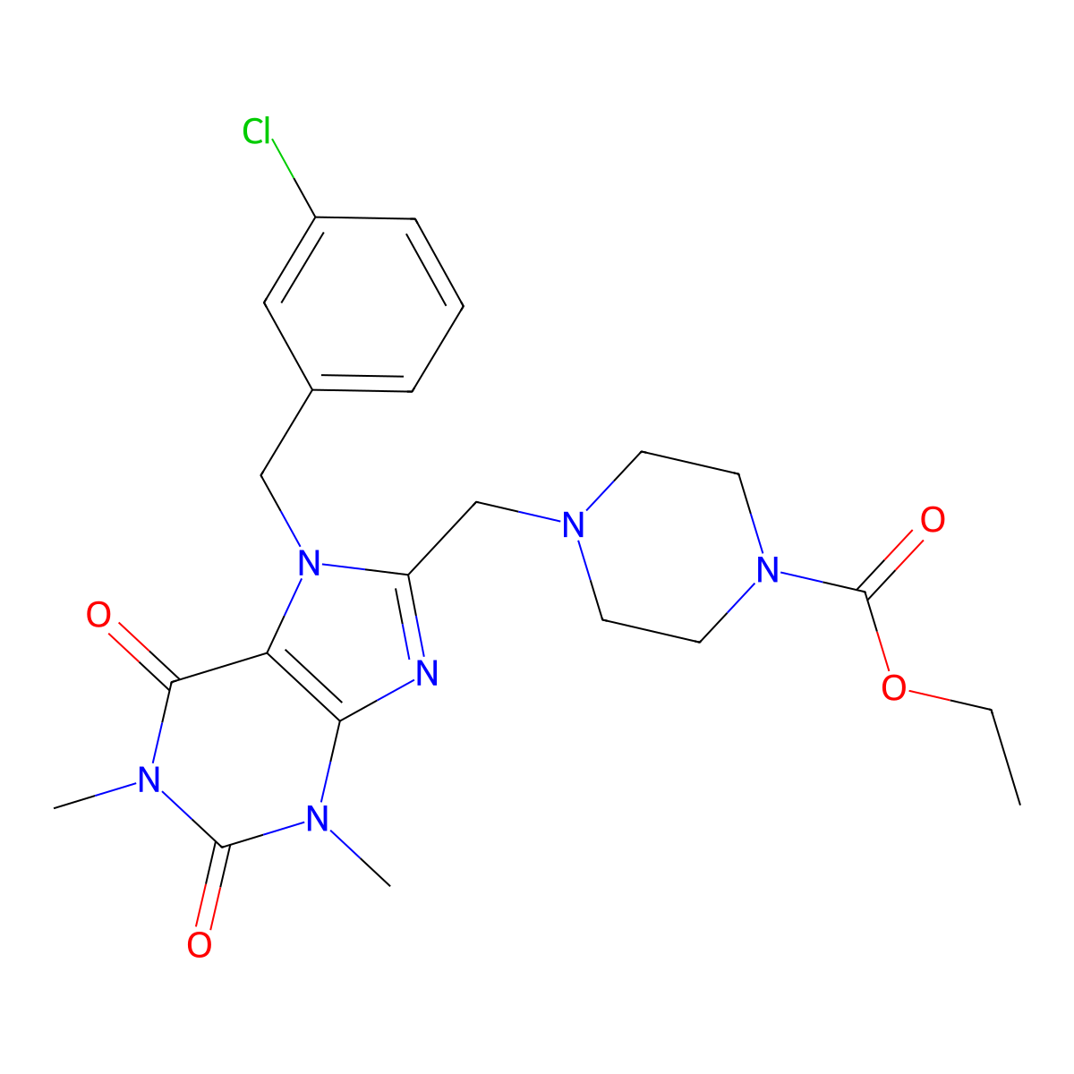 Ethyl 4-[[7-[(3-chlorophenyl)methyl]-1,3-dimethyl-2,6-dioxopurin-8-yl]methyl]piperazine-1-carboxylate molecular structure, CAS 851940-07-3