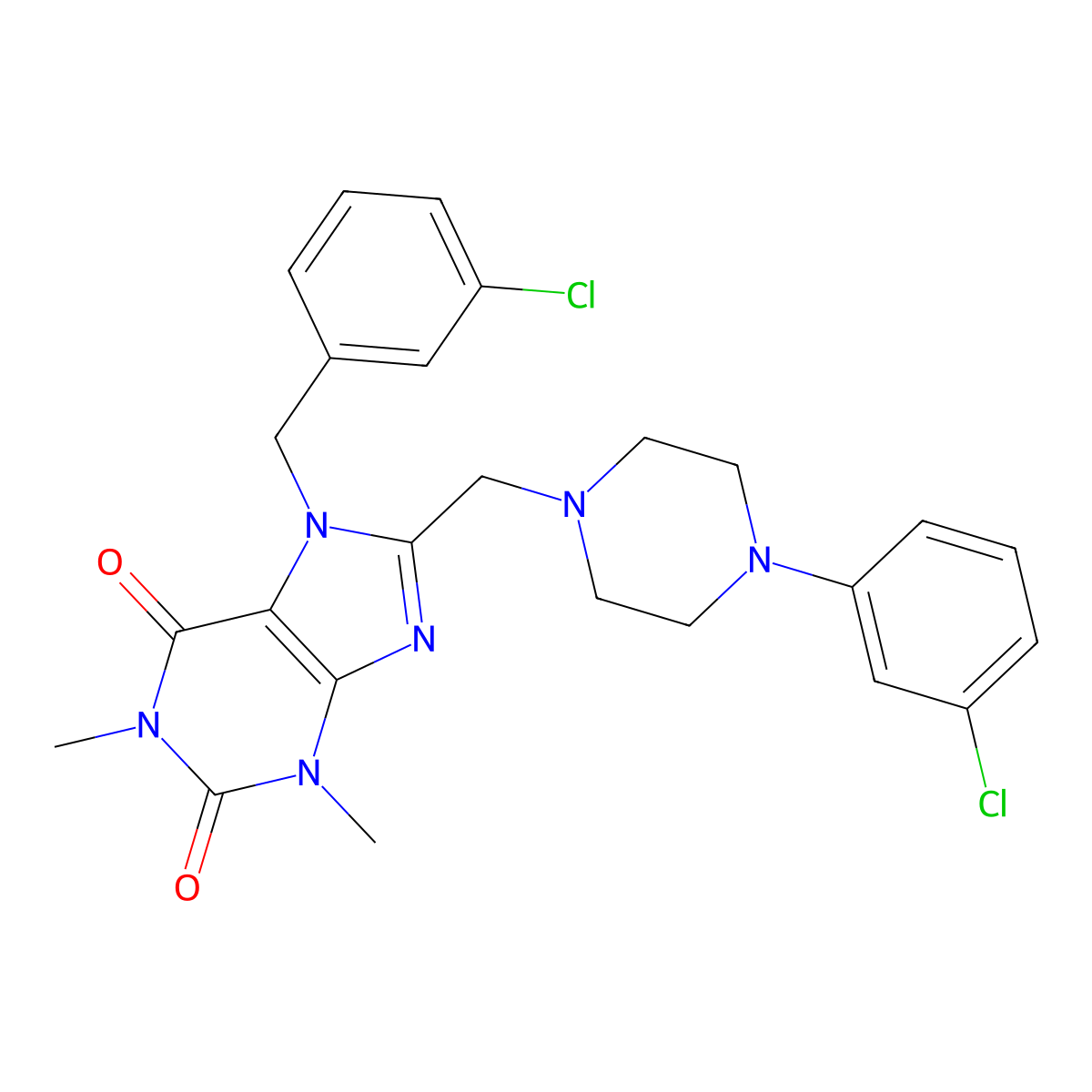 7-(3-chlorobenzyl)-8-((4-(3-chlorophenyl)piperazin-1-yl)methyl)-1,3-dimethyl-1H-purine-2,6(3H,7H)-dione molecular structure, CAS 851940-09-5