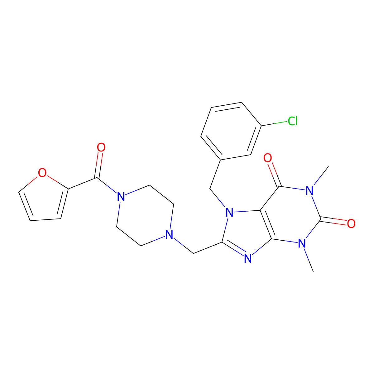 7-(3-chlorobenzyl)-8-((4-(furan-2-carbonyl)piperazin-1-yl)methyl)-1,3-dimethyl-1H-purine-2,6(3H,7H)-dione molecular structure, CAS 851940-13-1
