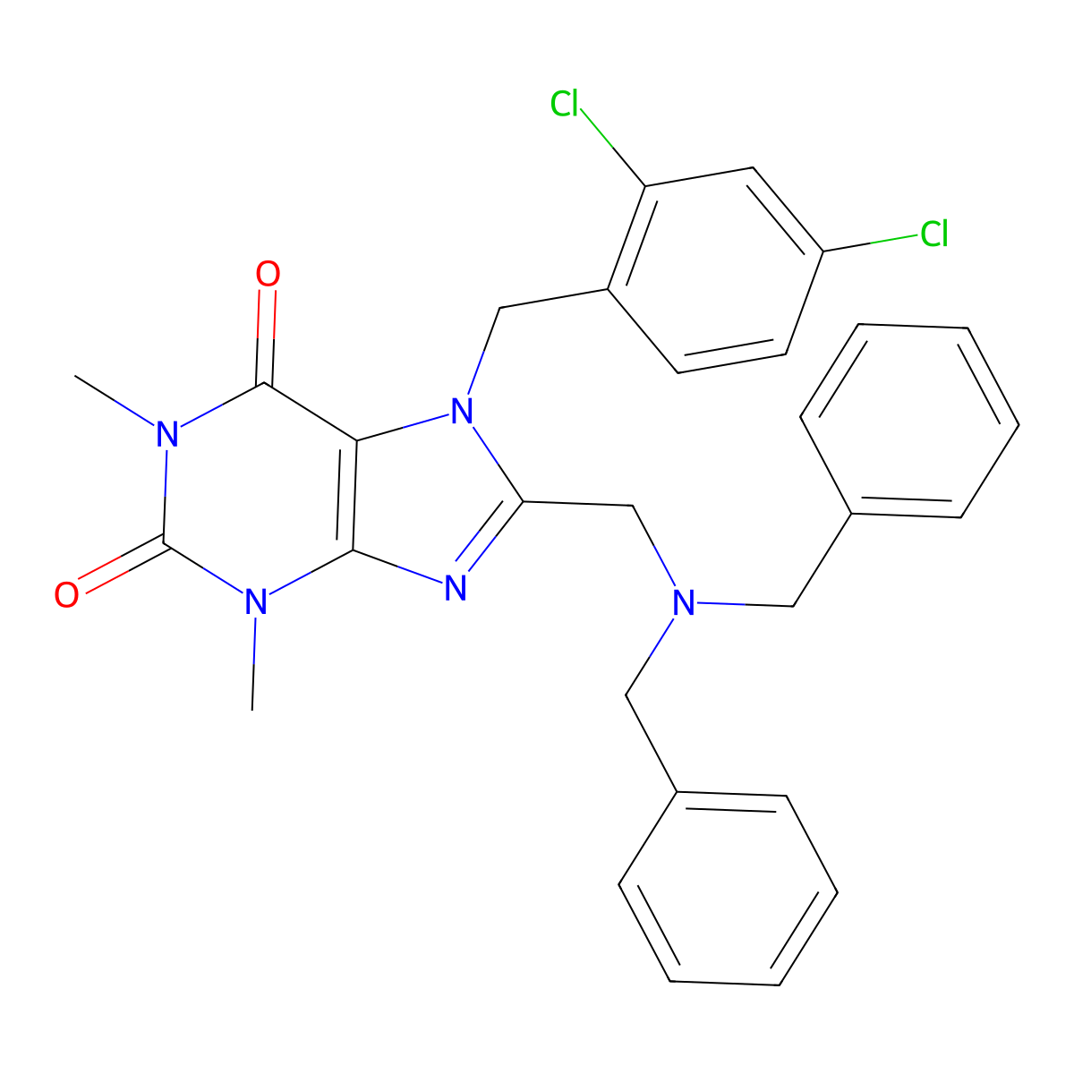 8-[(dibenzylamino)methyl]-7-[(2,4-dichlorophenyl)methyl]-1,3-dimethyl-2,3,6,7-tetrahydro-1H-purine-2,6-dione molecular structure, CAS 851940-16-4