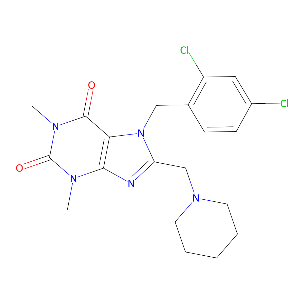 7-(2,4-dichlorobenzyl)-1,3-dimethyl-8-(piperidin-1-ylmethyl)-3,7-dihydro-1H-purine-2,6-dione molecular structure, CAS 851940-18-6
