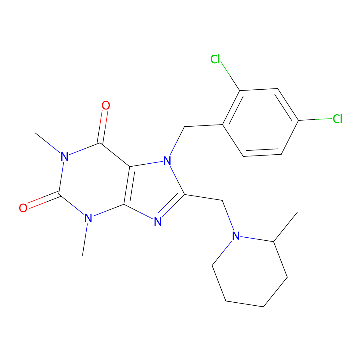 7-[(2,4-dichlorophenyl)methyl]-1,3-dimethyl-8-[(2-methylpiperidin-1-yl)methyl]-2,3,6,7-tetrahydro-1H-purine-2,6-dione molecular structure, CAS 851940-19-7