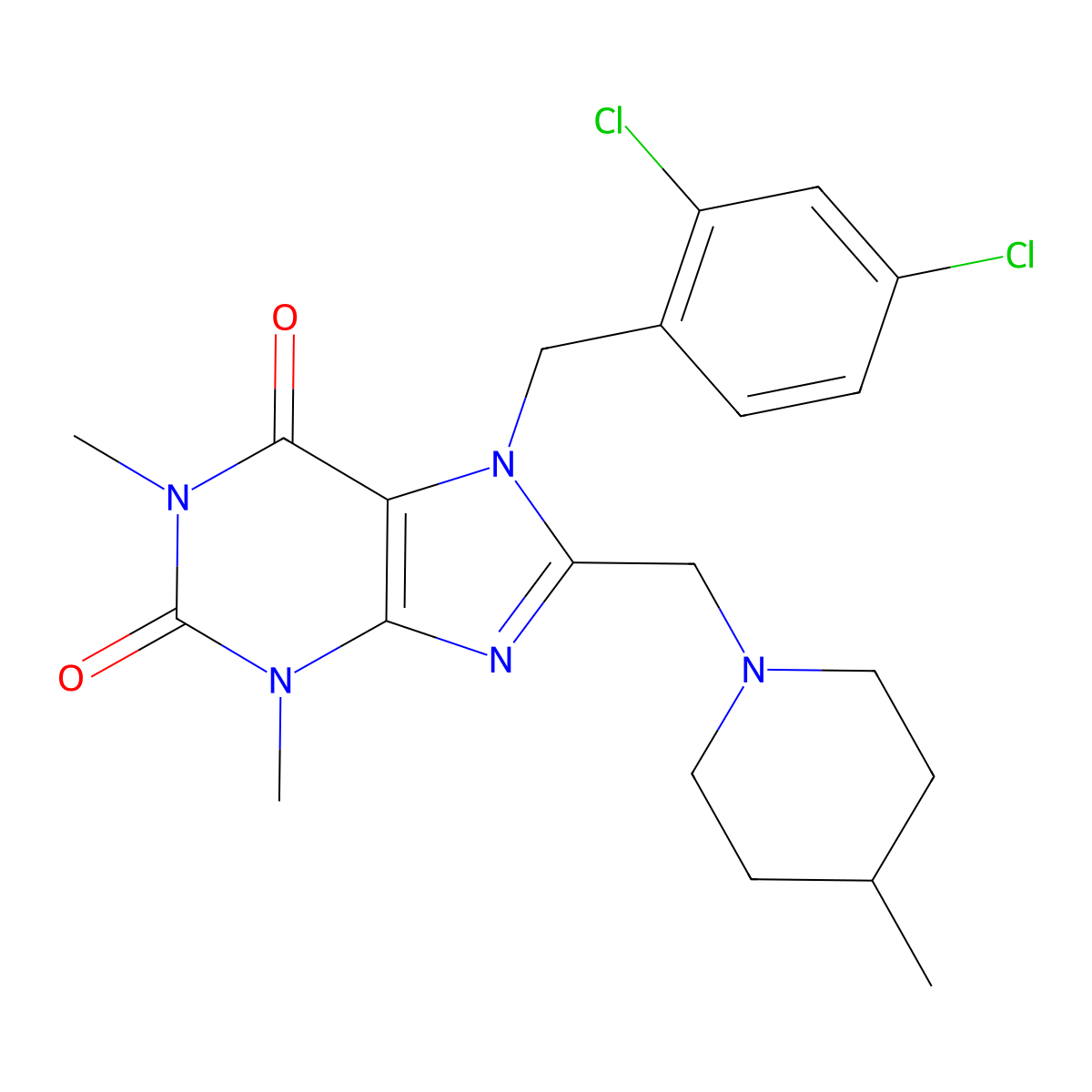7-(2,4-dichlorobenzyl)-1,3-dimethyl-8-[(4-methylpiperidin-1-yl)methyl]-3,7-dihydro-1H-purine-2,6-dione molecular structure, CAS 851940-21-1