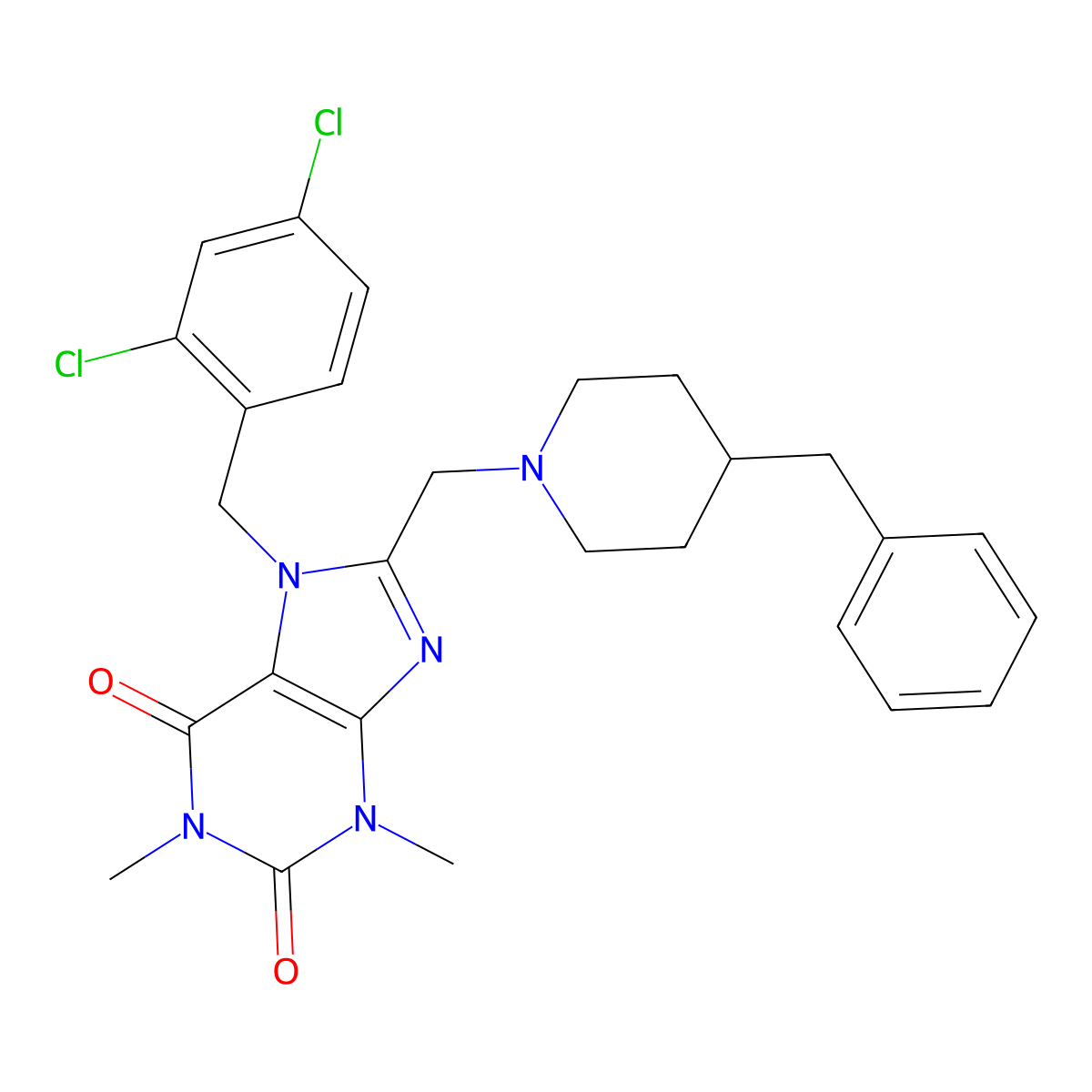 8-((4-benzylpiperidin-1-yl)methyl)-7-(2,4-dichlorobenzyl)-1,3-dimethyl-1H-purine-2,6(3H,7H)-dione molecular structure, CAS 851940-23-3