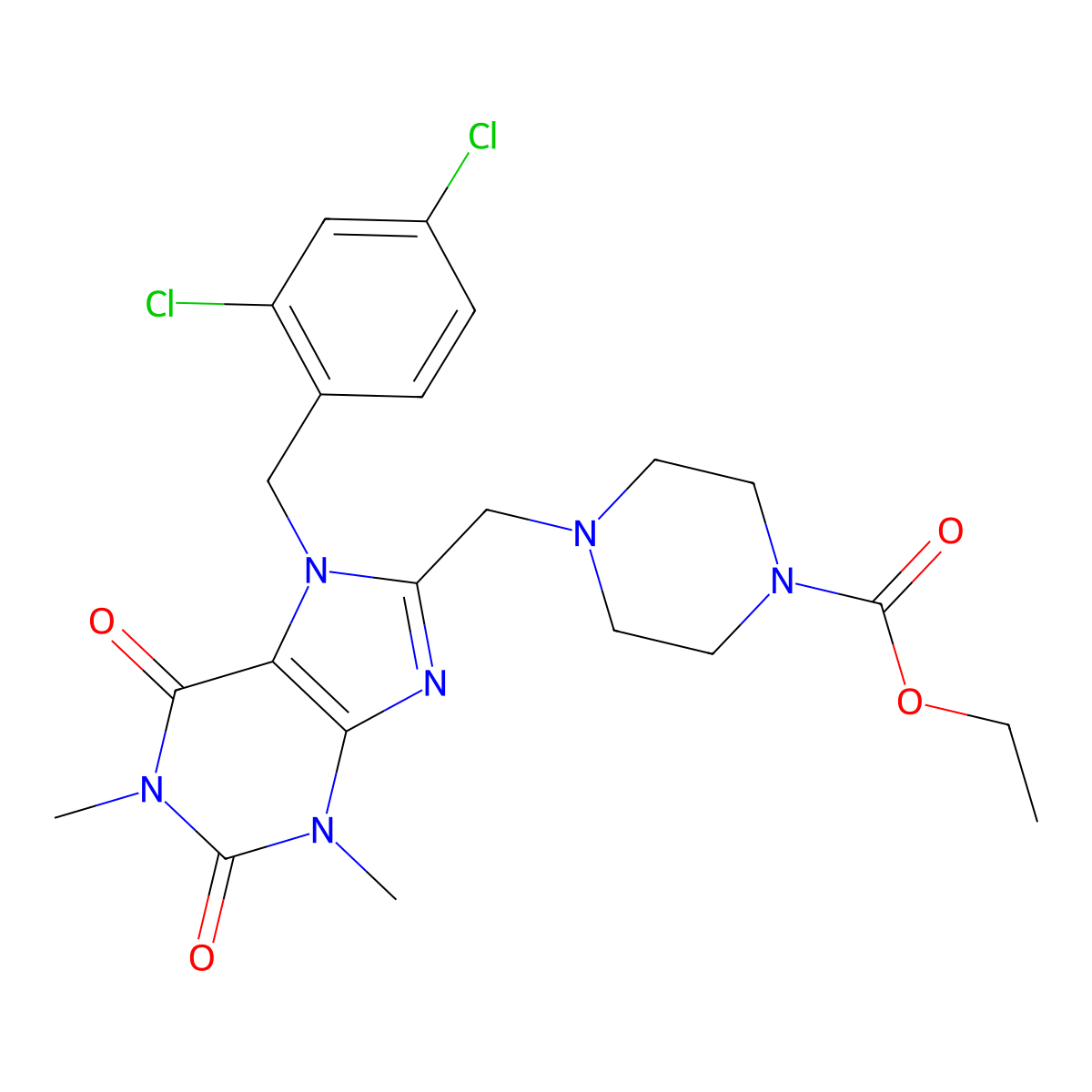 Ethyl 4-[[7-[(2,4-dichlorophenyl)methyl]-1,3-dimethyl-2,6-dioxopurin-8-yl]methyl]piperazine-1-carboxylate molecular structure, CAS 851940-31-3