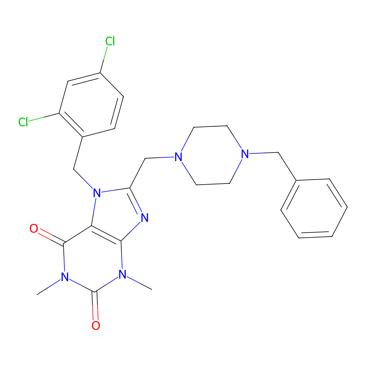 8-((4-benzylpiperazin-1-yl)methyl)-7-(2,4-dichlorobenzyl)-1,3-dimethyl-1H-purine-2,6(3H,7H)-dione molecular structure, CAS 851940-32-4