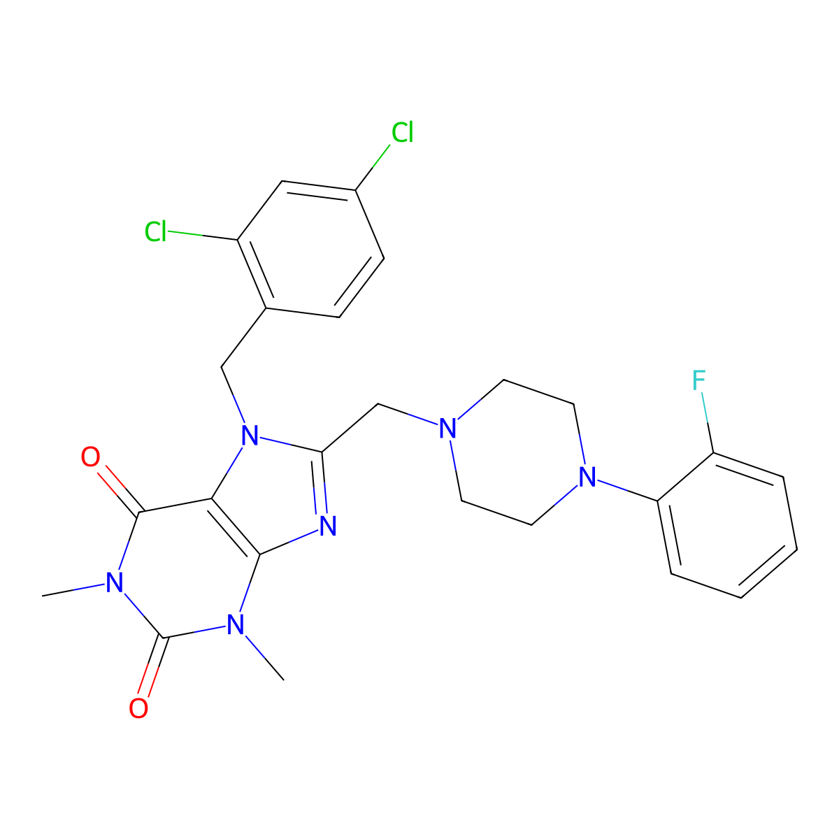 7-(2,4-dichlorobenzyl)-8-{[4-(2-fluorophenyl)piperazin-1-yl]methyl}-1,3-dimethyl-3,7-dihydro-1H-purine-2,6-dione molecular structure, CAS 851940-34-6
