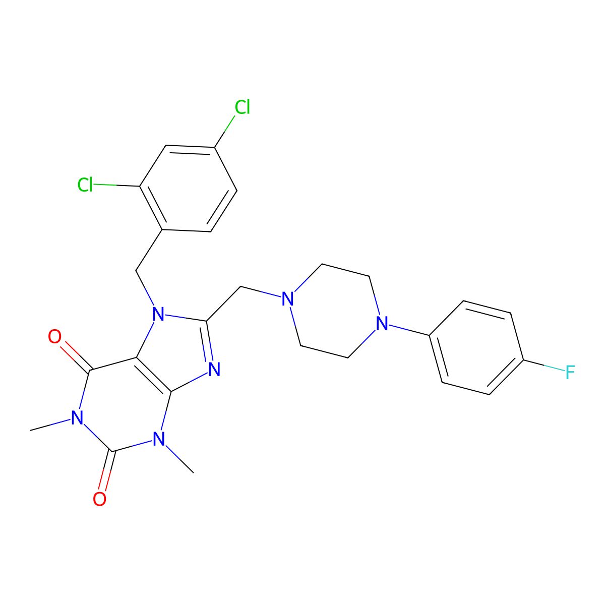 7-[(2,4-dichlorophenyl)methyl]-8-{[4-(4-fluorophenyl)piperazin-1-yl]methyl}-1,3-dimethyl-2,3,6,7-tetrahydro-1H-purine-2,6-dione molecular structure, CAS 851940-35-7