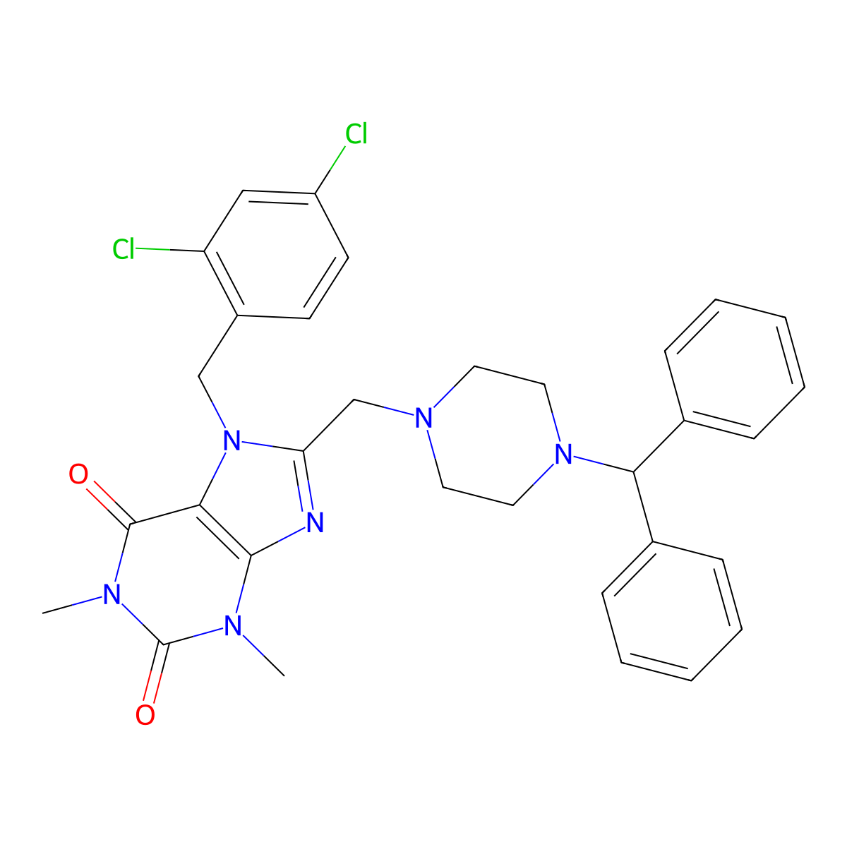 7-[(2,4-dichlorophenyl)methyl]-8-{[4-(diphenylmethyl)piperazin-1-yl]methyl}-1,3-dimethyl-2,3,6,7-tetrahydro-1H-purine-2,6-dione molecular structure, CAS 851940-37-9