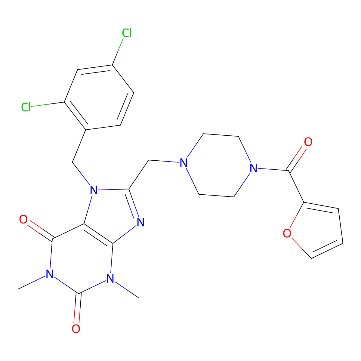 7-(2,4-dichlorobenzyl)-8-((4-(furan-2-carbonyl)piperazin-1-yl)methyl)-1,3-dimethyl-1H-purine-2,6(3H,7H)-dione molecular structure, CAS 851940-38-0
