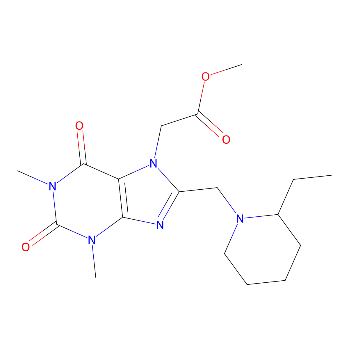 methyl {8-[(2-ethylpiperidin-1-yl)methyl]-1,3-dimethyl-2,6-dioxo-1,2,3,6-tetrahydro-7H-purin-7-yl}acetate molecular structure, CAS 851940-41-5