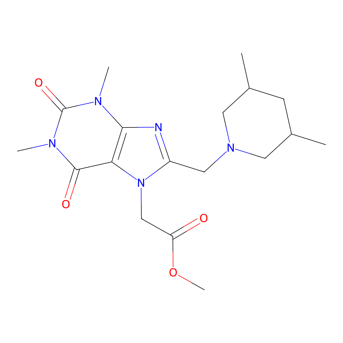 Methyl 2-[8-[(3,5-dimethylpiperidin-1-yl)methyl]-1,3-dimethyl-2,6-dioxopurin-7-yl]acetate molecular structure, CAS 851940-43-7