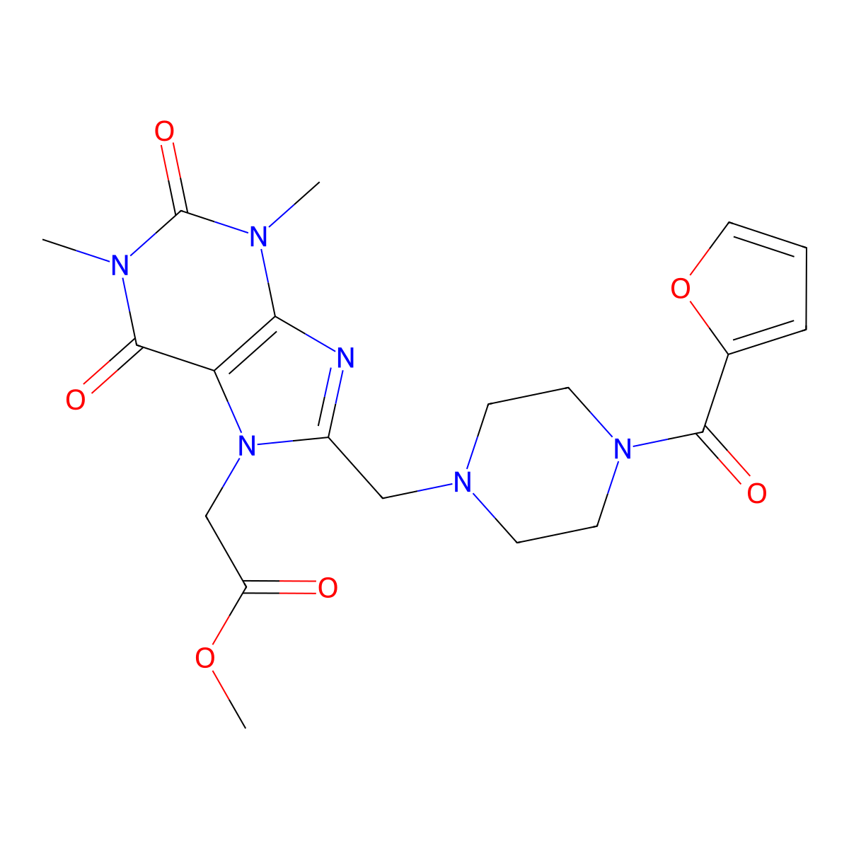 Methyl 2-[8-[[4-(furan-2-carbonyl)piperazin-1-yl]methyl]-1,3-dimethyl-2,6-dioxopurin-7-yl]acetate molecular structure, CAS 851940-50-6