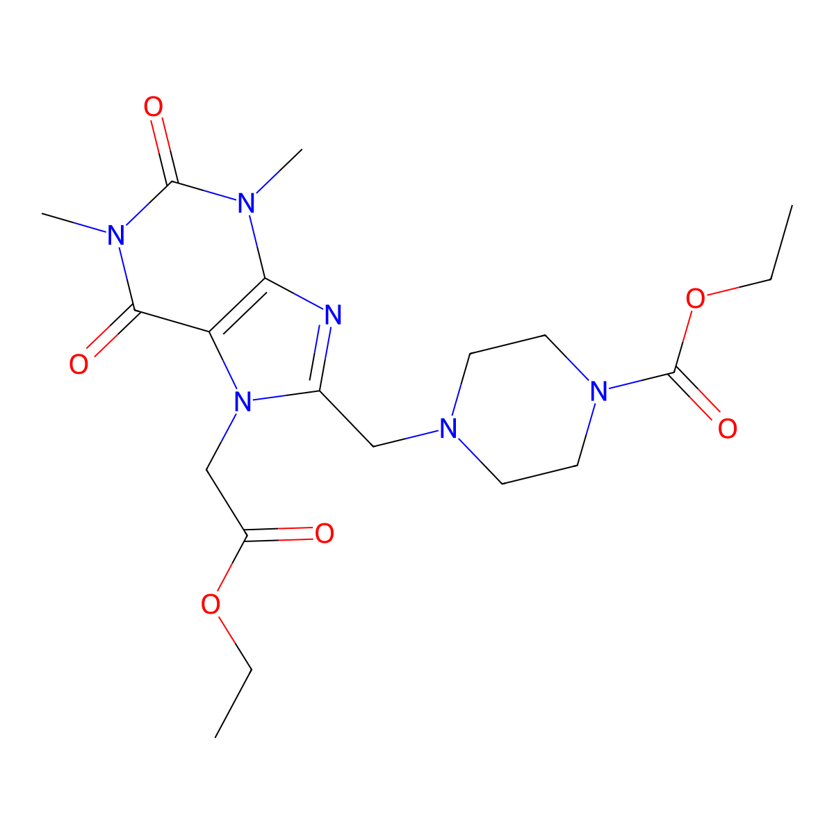 ethyl 4-{[7-(2-ethoxy-2-oxoethyl)-1,3-dimethyl-2,6-dioxo-2,3,6,7-tetrahydro-1H-purin-8-yl]methyl}piperazine-1-carboxylate molecular structure, CAS 851940-56-2