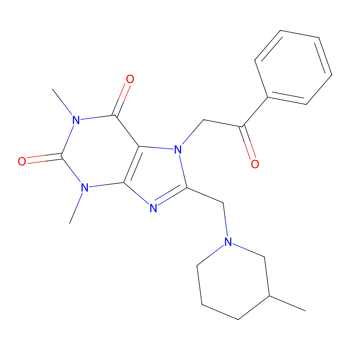 1,3-dimethyl-8-((3-methylpiperidin-1-yl)methyl)-7-(2-oxo-2-phenylethyl)-1H-purine-2,6(3H,7H)-dione molecular structure, CAS 851940-63-1