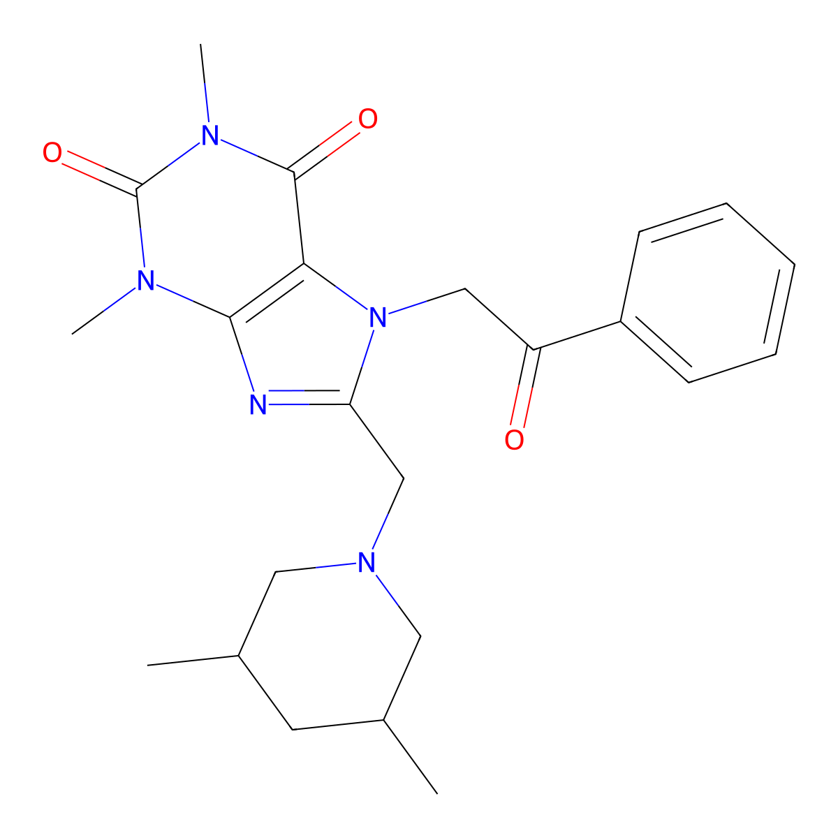 8-[(3,5-Dimethylpiperidin-1-yl)methyl]-1,3-dimethyl-7-phenacylpurine-2,6-dione molecular structure, CAS 851940-66-4