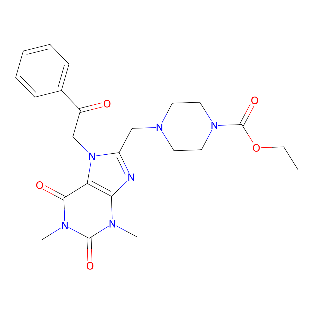 ethyl 4-{[1,3-dimethyl-2,6-dioxo-7-(2-oxo-2-phenylethyl)-2,3,6,7-tetrahydro-1H-purin-8-yl]methyl}piperazine-1-carboxylate molecular structure, CAS 851940-69-7