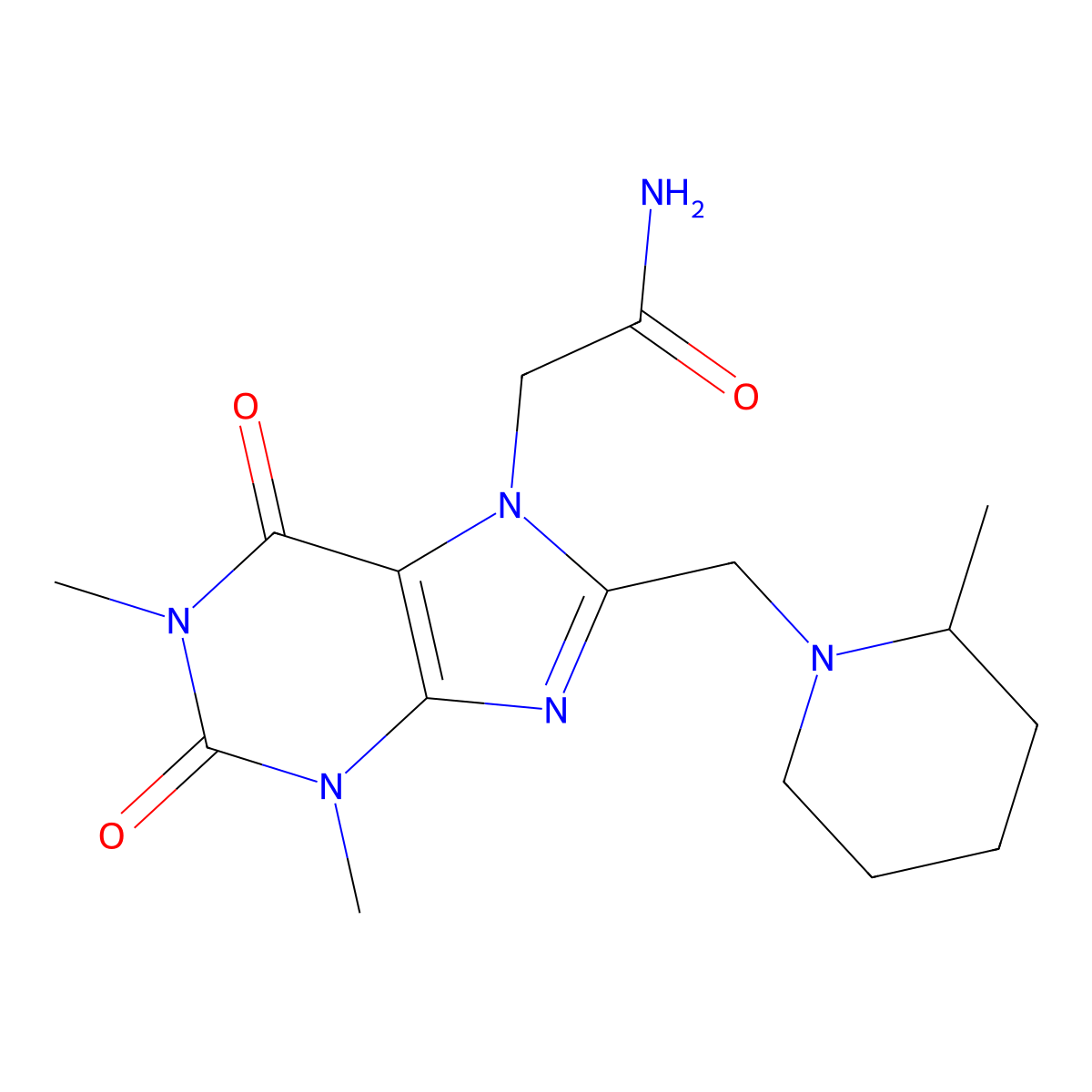 2-{1,3-dimethyl-8-[(2-methylpiperidin-1-yl)methyl]-2,6-dioxo-1,2,3,6-tetrahydro-7H-purin-7-yl}acetamide molecular structure, CAS 851940-76-6